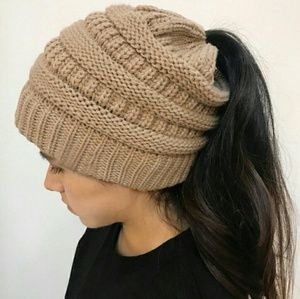 Messy bun or ponytail beanie in tan